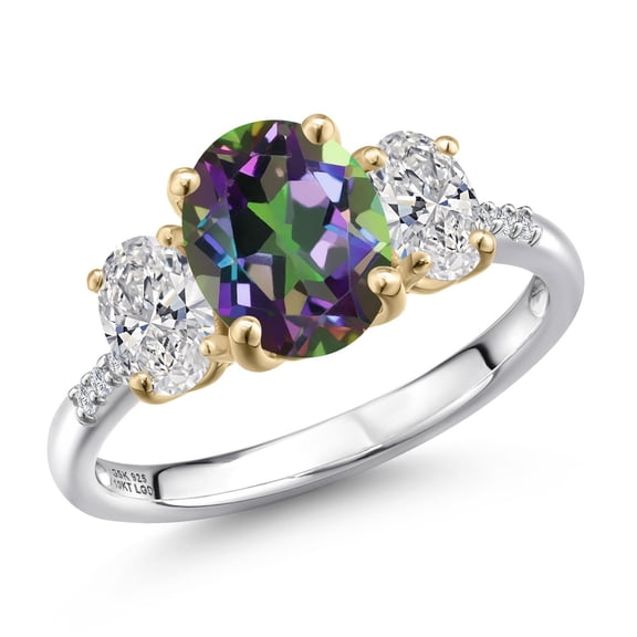 Gem Stone King 925 Silver and 10K Yellow Gold Green Mystic Topaz and DEF Lab Grown Diamond Engagement Ring for Women | 3.36 Cttw | Oval 9X7MM | November Birthstone | Size 5