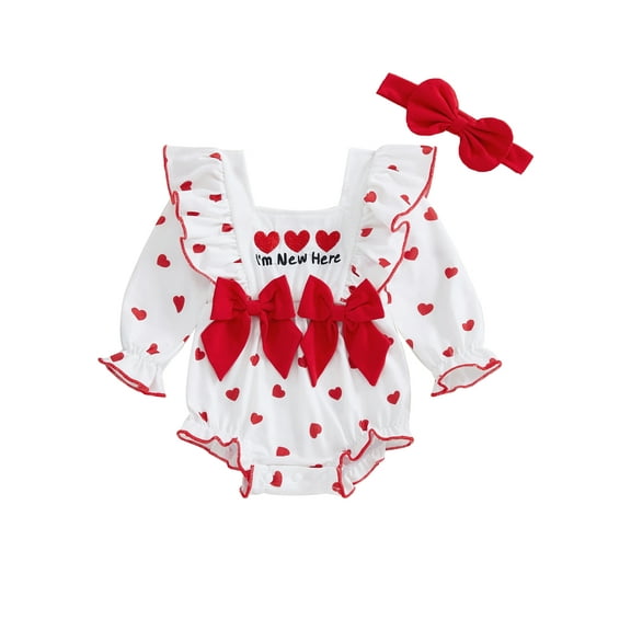 AceBaby 0-18M Baby Girls Outfit Heart/Clover Print Bow Ruffles Long Sleeve Romper and Cute Headband Set for Toddler Outfits