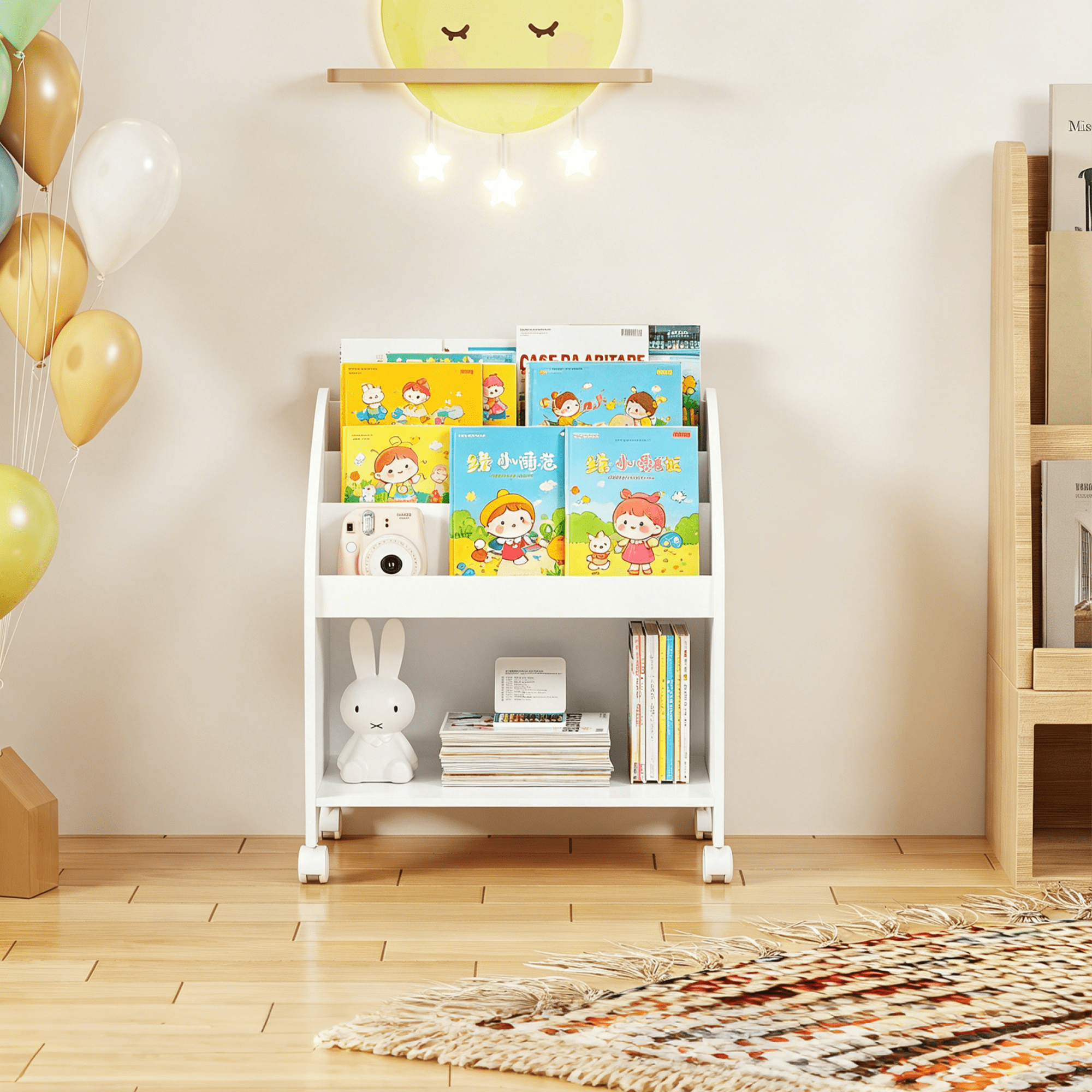 Kids Bookshelf with Wheels, 3-Tier Front Display Bookcase, MDF Rolling Book Organizer with 360° Lockable Casters, Children Storage Shelf for Nursery Bedroom Playroom