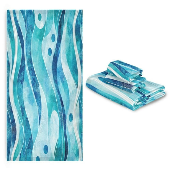 3 Pack Towel Set with Bath Towels, Hand Towels & Washcloths for Everyday Use Blue Wavy Pattern