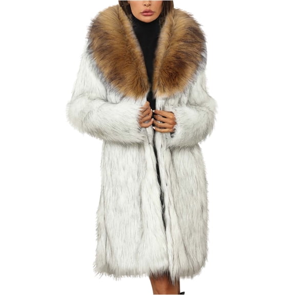 Jamicy Women's Fur & Faux Fur Jackets & Coats Fuzzy Warm Winter Outwear for Women Long Cardigan Jacket with Pocket Luxury Fur Collar Overcoat