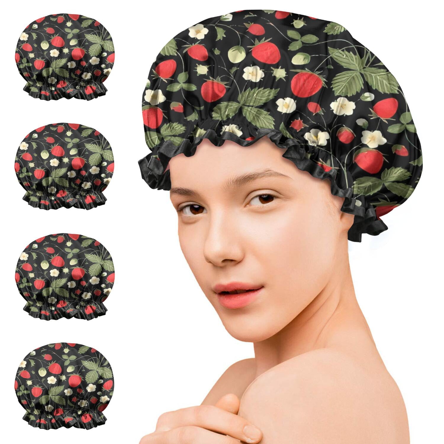 Shower Caps,Strawberry Plants Fruit Flower Leaf Waterproof Shower Cap for Women 4 Pieces,Double Reusable Hair Cover for Shower PEVA Elastic Stretch Hem