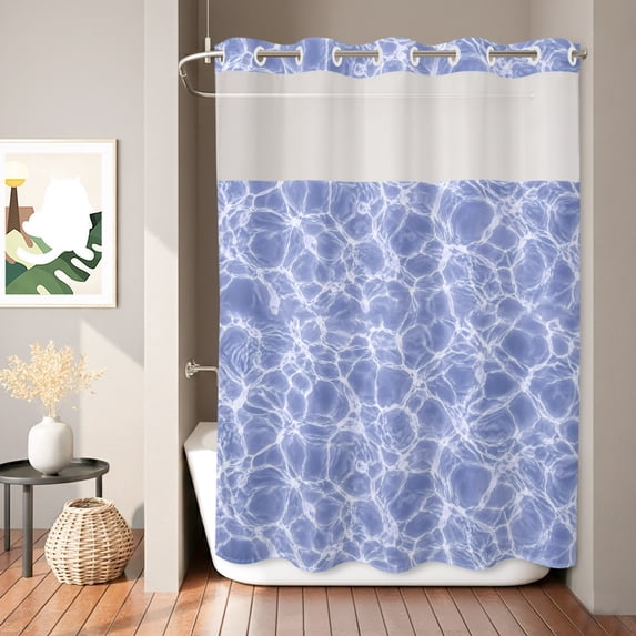 No Hook Shower Curtain, Purple Ocean Waves Shower Curtains for Bathroom with See Through Top Window, Summer Sea Purple Coastal Waterproof & Washable Bath Curtain Stall 48"x72"