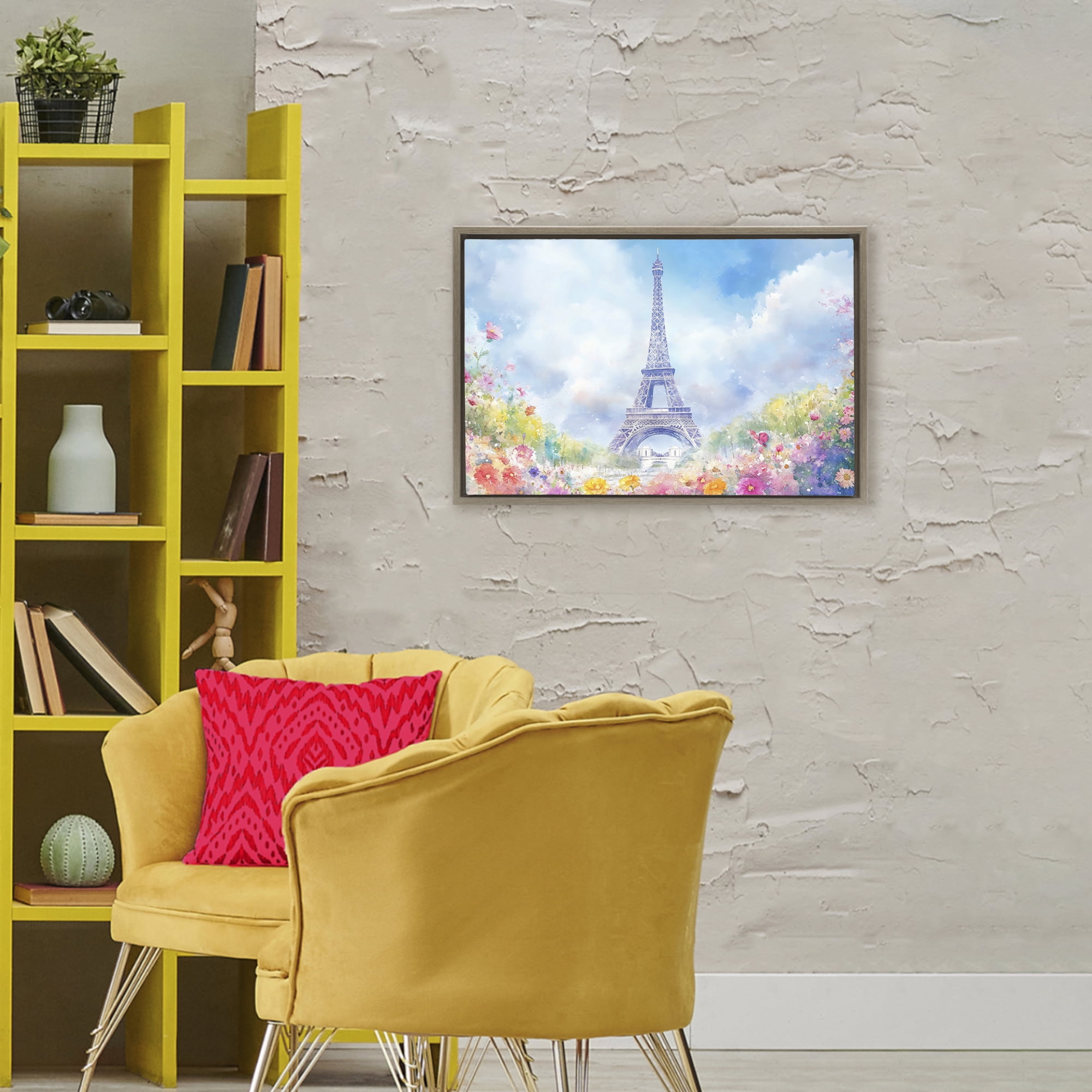 Stupell Industries Rainbow Spring at Eiffel Tower Brown Framed Floater Canvas Wall Art, design by Creative Studio