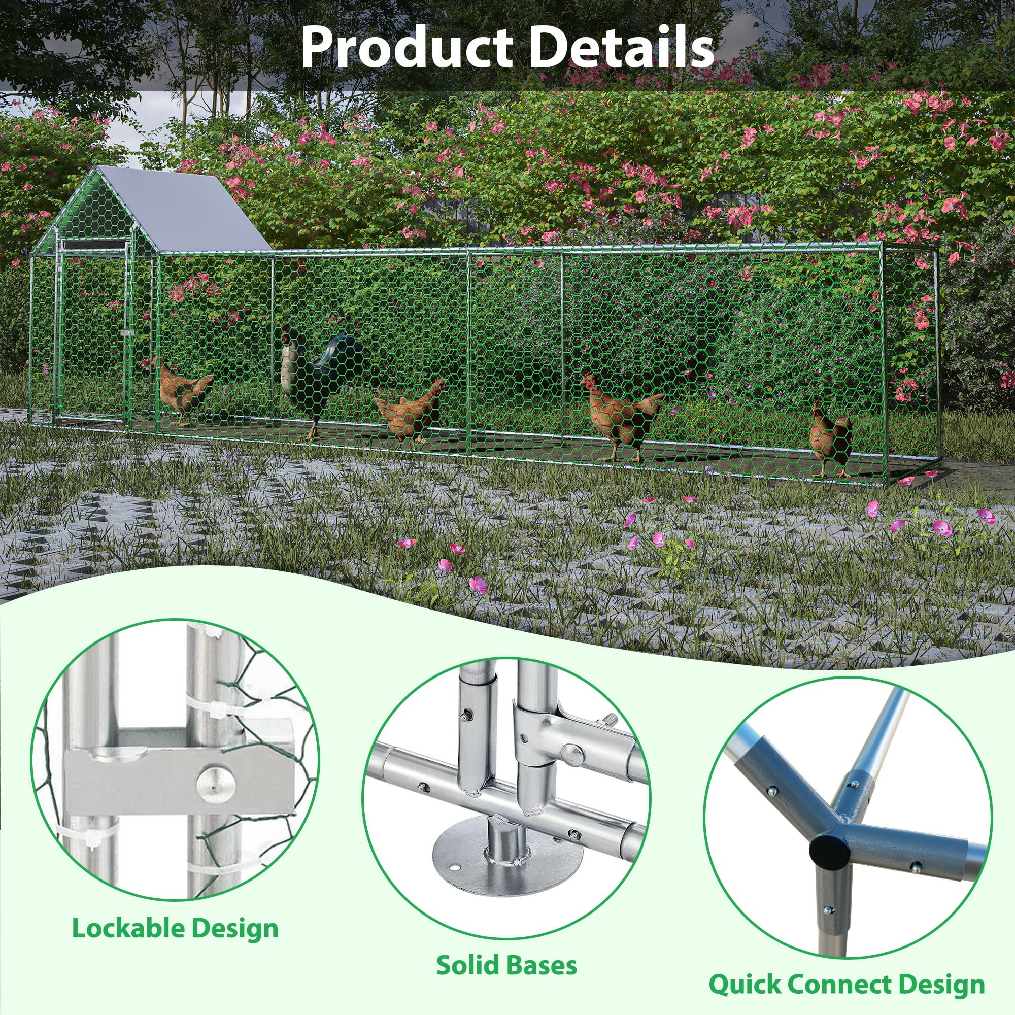 Aukfa 16x3FT Metal Chicken Coop with Run, Outdoor Backyard Hen House Poultry Habitat Cage w/Cover