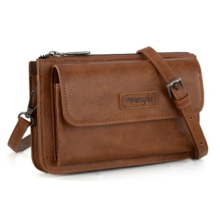 Wrangler RFID Crossbody Wallet Purse Vegan Leather Small Purses for Women with Phone Pocket and Adjustable Strap, Brown