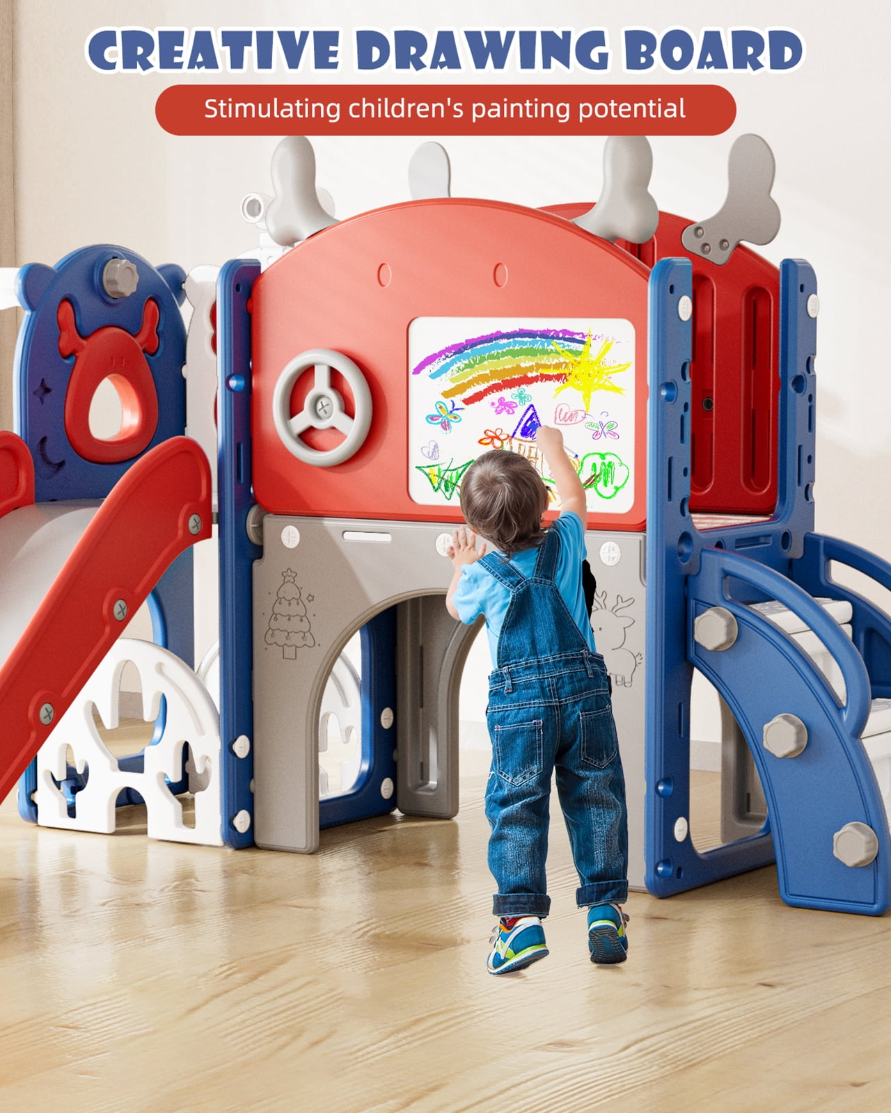 KORIMEFA 11 in 1 Toddler Slide, Kid Slide for Toddlers Age 1-3 with Golf Set, Ring Toss, Basketball Hoop, Drawing Board and Telescope, Indoor Outdoor Playset Playground, Blue Red