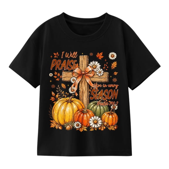 Kids' Fall Pumpkin Season Graphic T-Shirt, Autumn Floral Short Sleeve Shirt