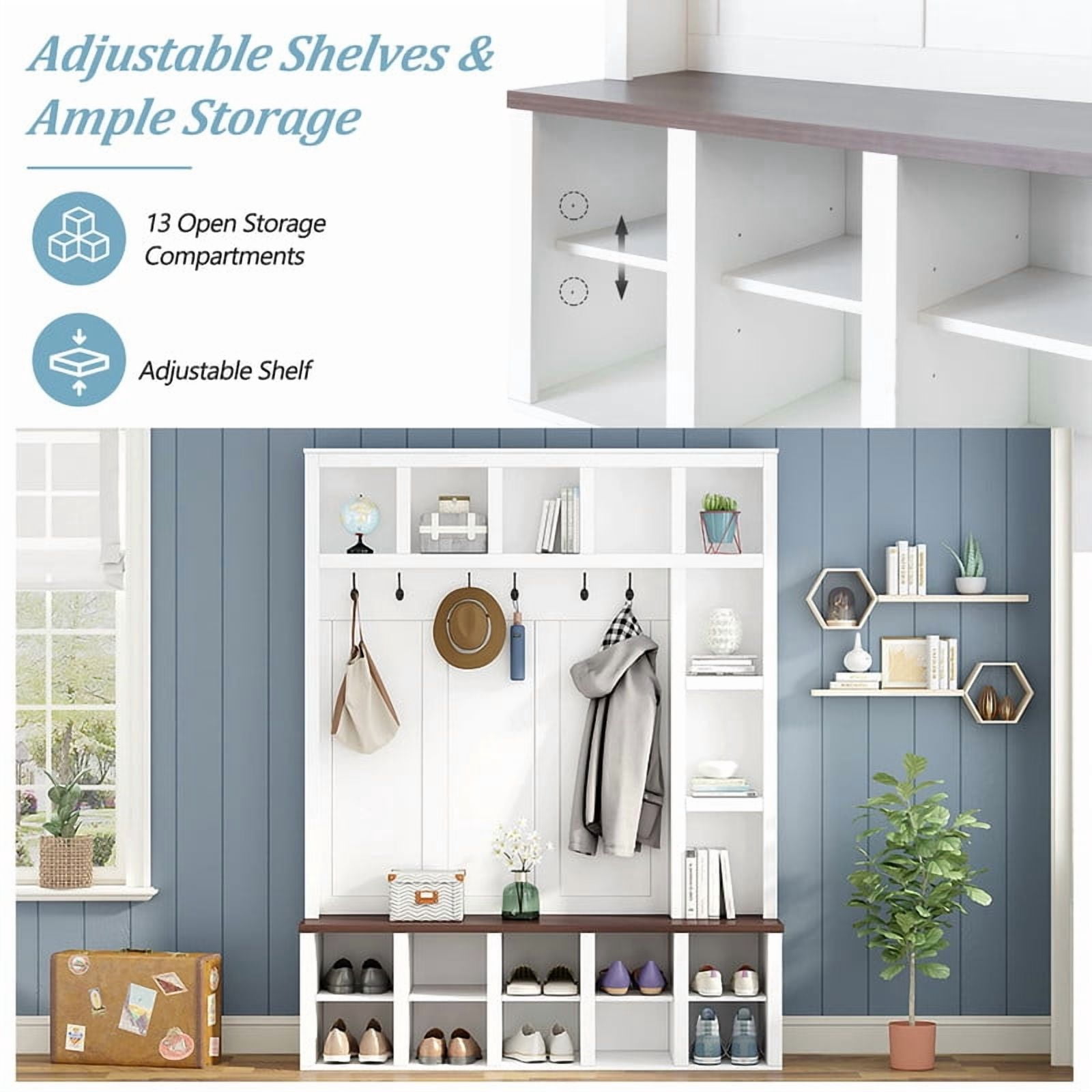 Farmhouse 4-in-1 Entryway Hall Tree with 6 Hooks, Versatile Storage Bench with Open Cubbies, Entryway Coat Rack with Adjustable Shelves for Mudroom, Living Room