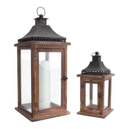 Lantern (Set Of 2) 14.25"H, 23.5"H Wood, Iron, Glass