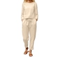 thumbnail image 1 of Trajes de 2 piezas para mujer, color puro, cuello redondo, manga larga, cordón en la cintura, pantalones de pierna ancha, trajes para uso diario Beige M, 1 of 4