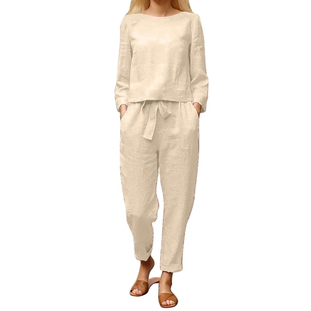 Trajes de 2 piezas para mujer, color puro, cuello redondo, manga larga, cordón en la cintura, pantalones de pierna ancha, trajes para uso diario Beige M