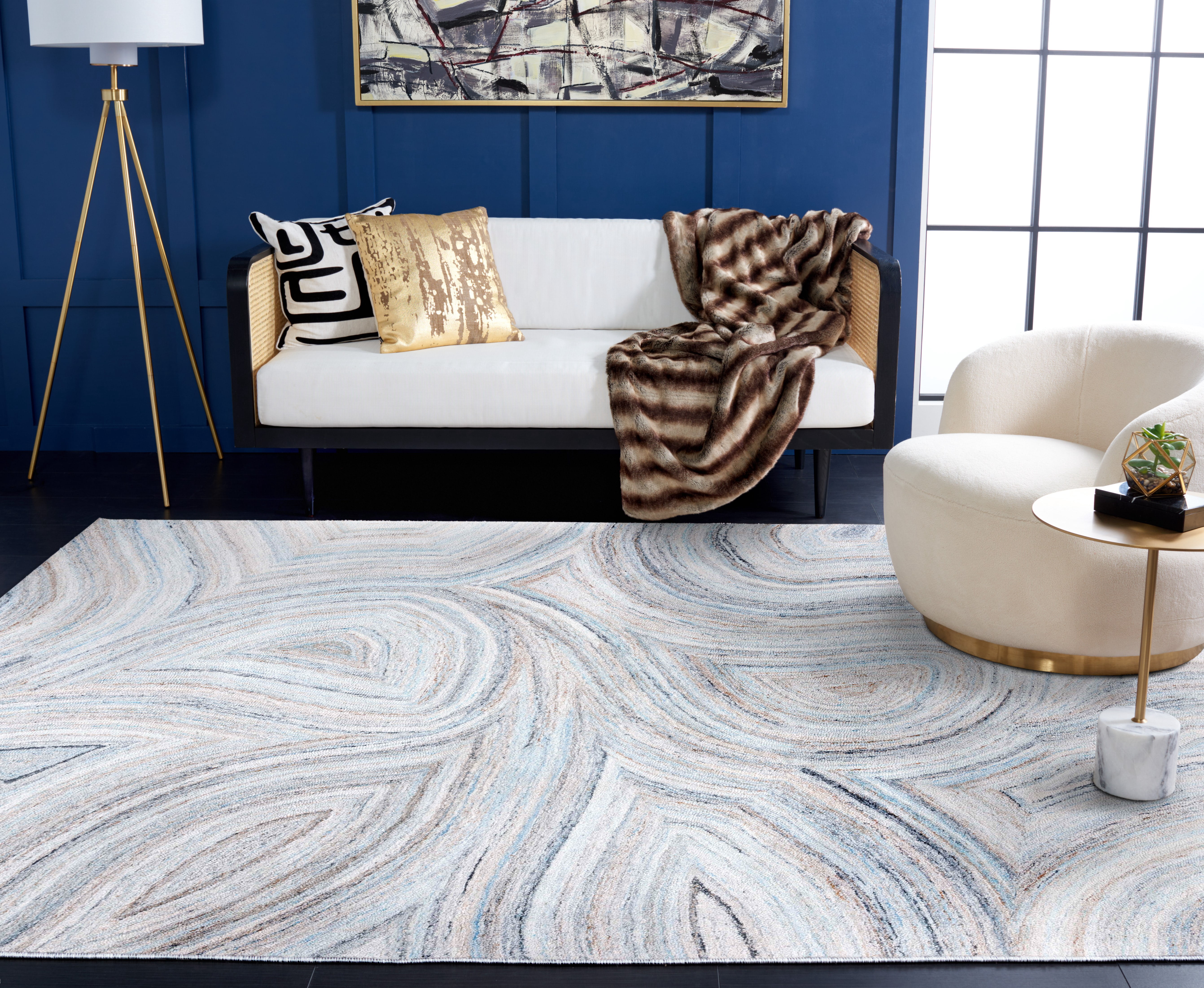 SAFAVIEH Abstract Hypatia Swirls Area Rug, Beige/Blue, 6' x 6' Square