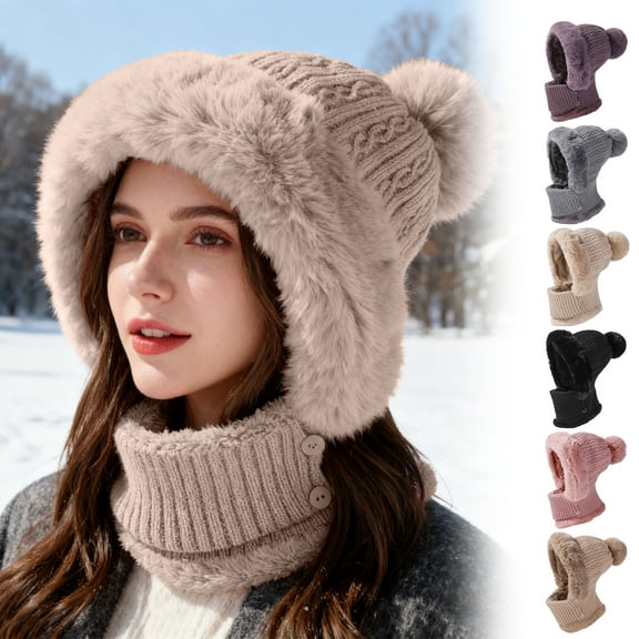 Tikeitoo 3 in 1 Beanie Hat with Scarf and Mask,Womens Knit Beanie Hat Fleece Lined Winter Scarf Mask Set Snow Caps