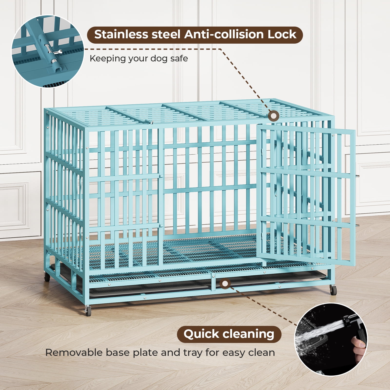 TIME RAY 48" Heavy Duty Dog Crate,Indestructible High Anxiety Dog Crate Cage for Outdoor and Indoor with Removable Tray,Blue