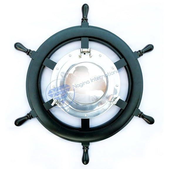 Nagina International Plane Mirror | Teak Wood Nautical Ship Wheel | Antique Rope | Premium Wooden Gift (42 Inches)