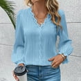 thumbnail image 5 of AXXD Womens Business Casual Tops Blue Basic 2024 Fall Solid Color Long Sleeve V-Neck Lace Splicing Hollow Bubble Sleeve Shirt, 5 of 6