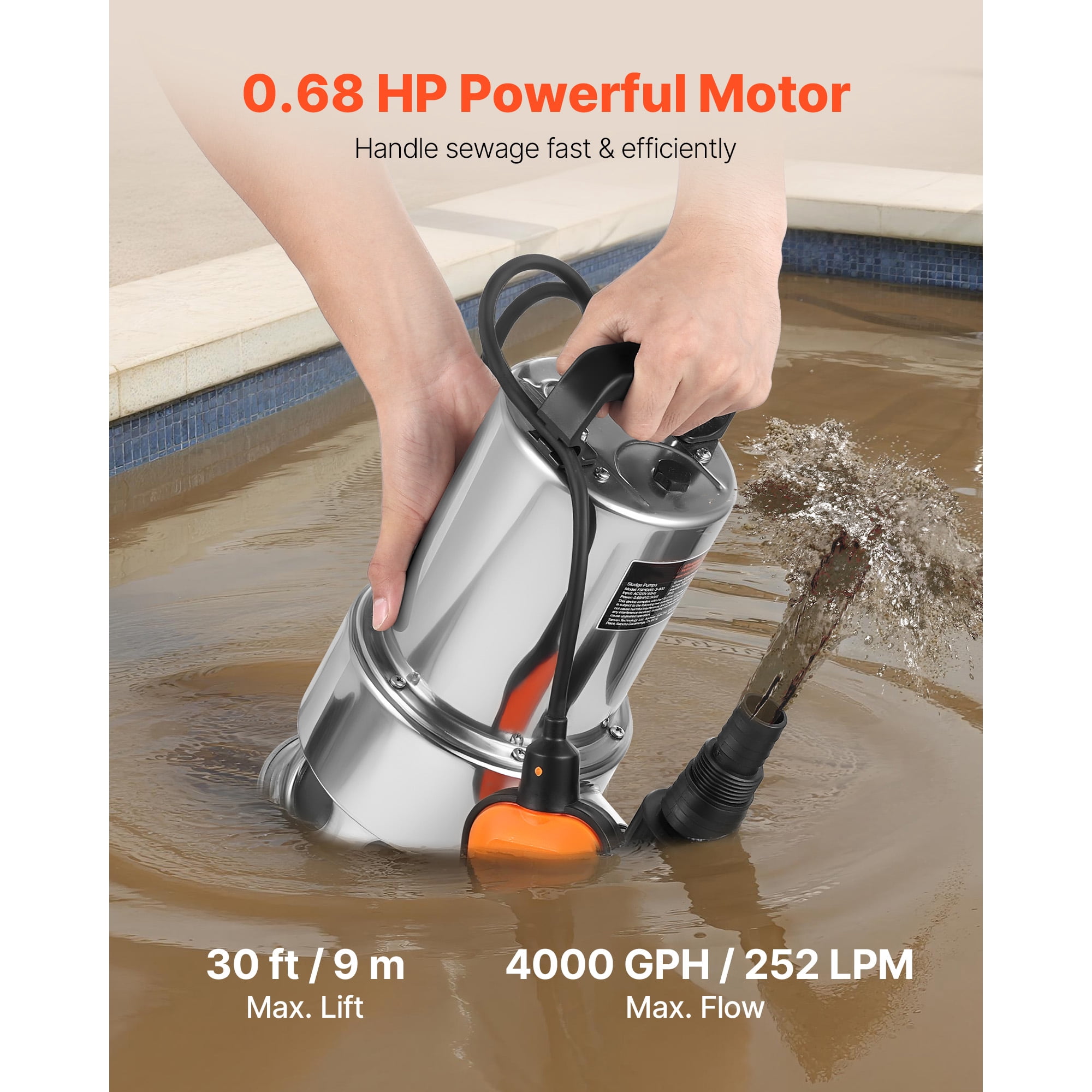 KFFKFF 1 HP Submersible Sump Pump, 5500 GPH, Stainless Steel Water Pump with Float Switch, Extended Cord, 30 ft Lift Capacity, Suitable for Pools, Gardens, Ponds, and Flooded Spaces