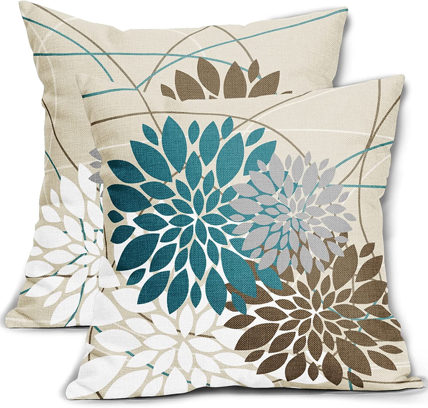Teal Brown Pillow Covers 18x18 Dahlia Flower White Gray Elegant Colored Throw Pillows Farmhouse
