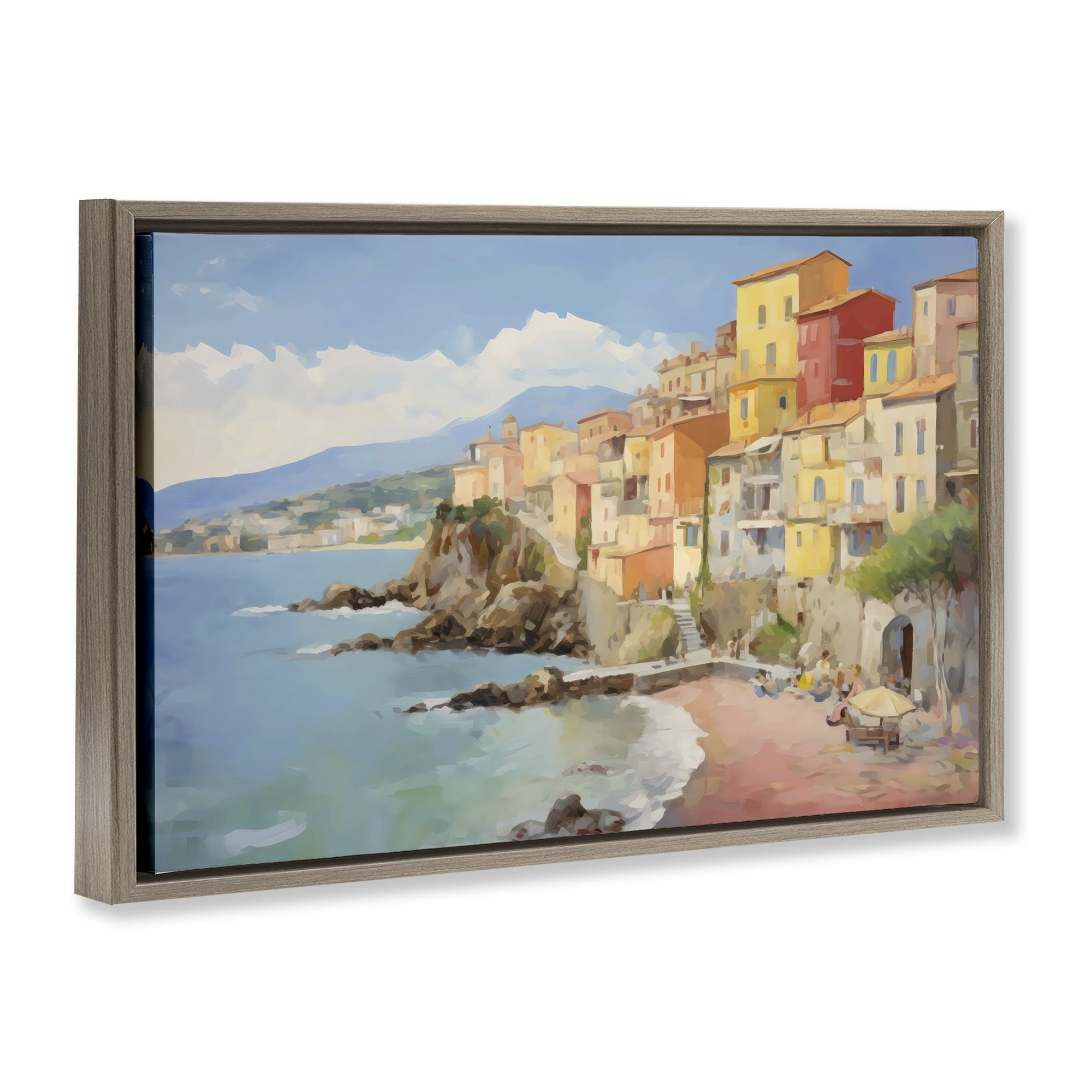 Stupell Industries Colorful Coastal Town by Sea Brown Framed Floater Canvas Wall Art, design by Creative Studio