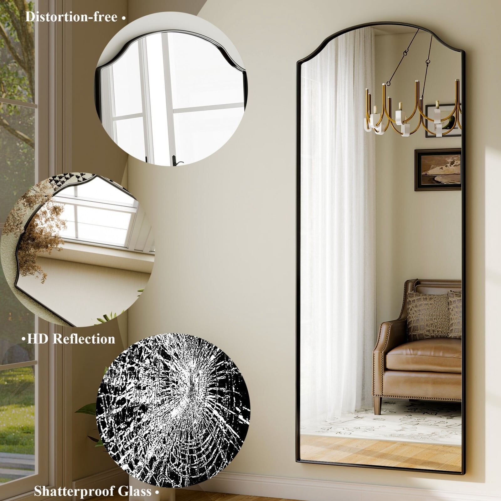 Easy4Home 71"x30" Oversize Arched Full Length Mirror Freestanding Floor Mirror with Stand, Black