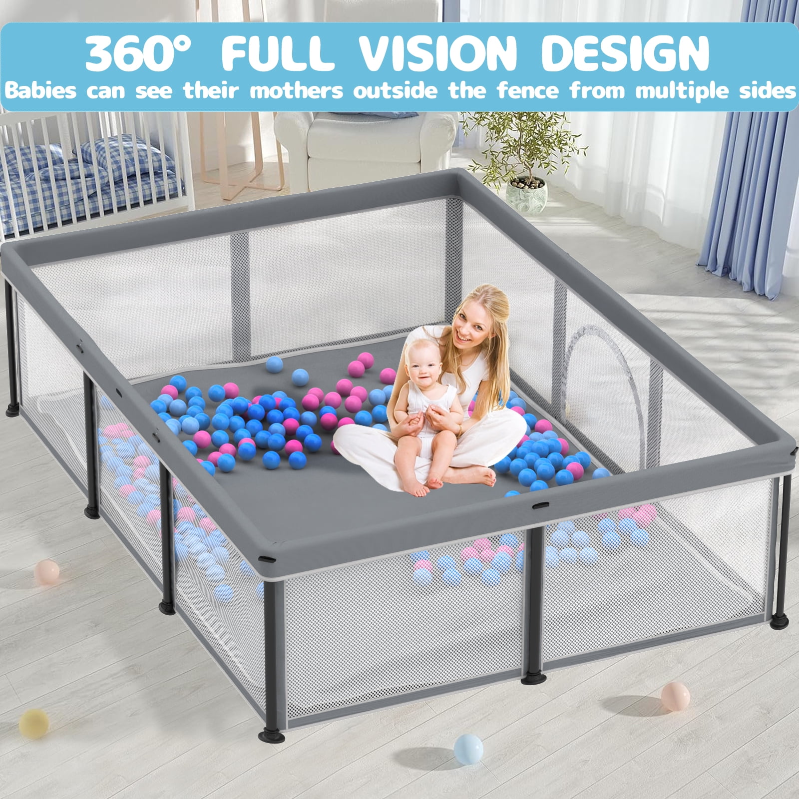 G TALECO GEAR Large Baby Playpen with Mat, Foldable Playpen for Babies and Toddlers, Portable Travel Play Yard, 50"x71", Gray