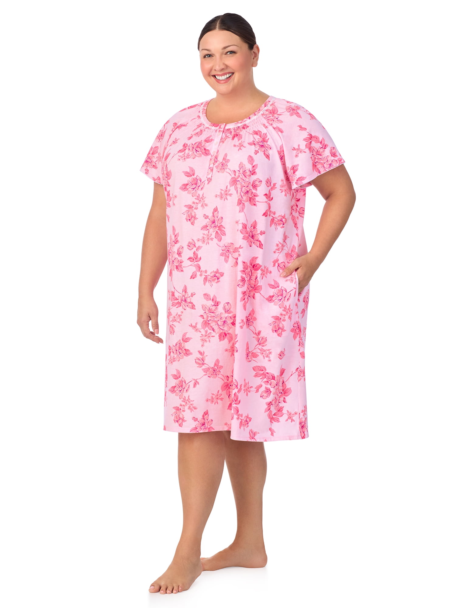 Aria Women's 100% Cotton Raglan Sleeve Smocked Neck Sleepwear 40" Gown, Sizes XS-5X