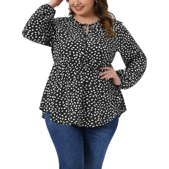 Agnes Orinda Women's Plus Size Babydoll Top Polka Dots Tie Keyhole Neck Long Sleeve Flowy Casual Peplum Blouse 1X Black