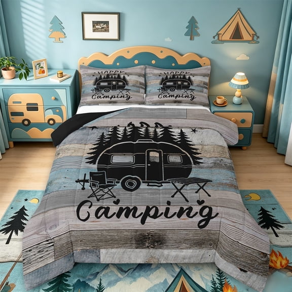 Catabedysis Rustic Camping Full Size Comforter Sets,Camper Silhouette Print Bedding Comforter Set For Boys,Multicolor,Black Reversible,3 Pieces,1 Comforter and 2 Pillowcases