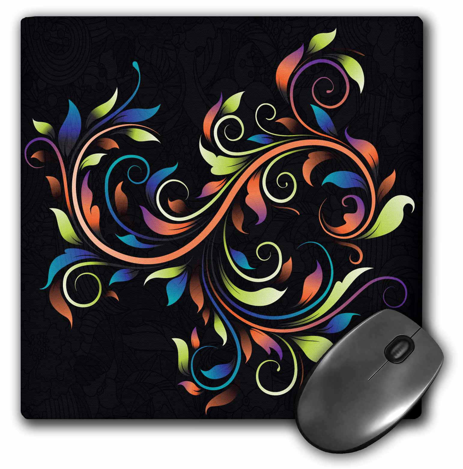 3dRose Funky Pretty Colors Foliage Leaf Swirl On Black Faux Etched ...