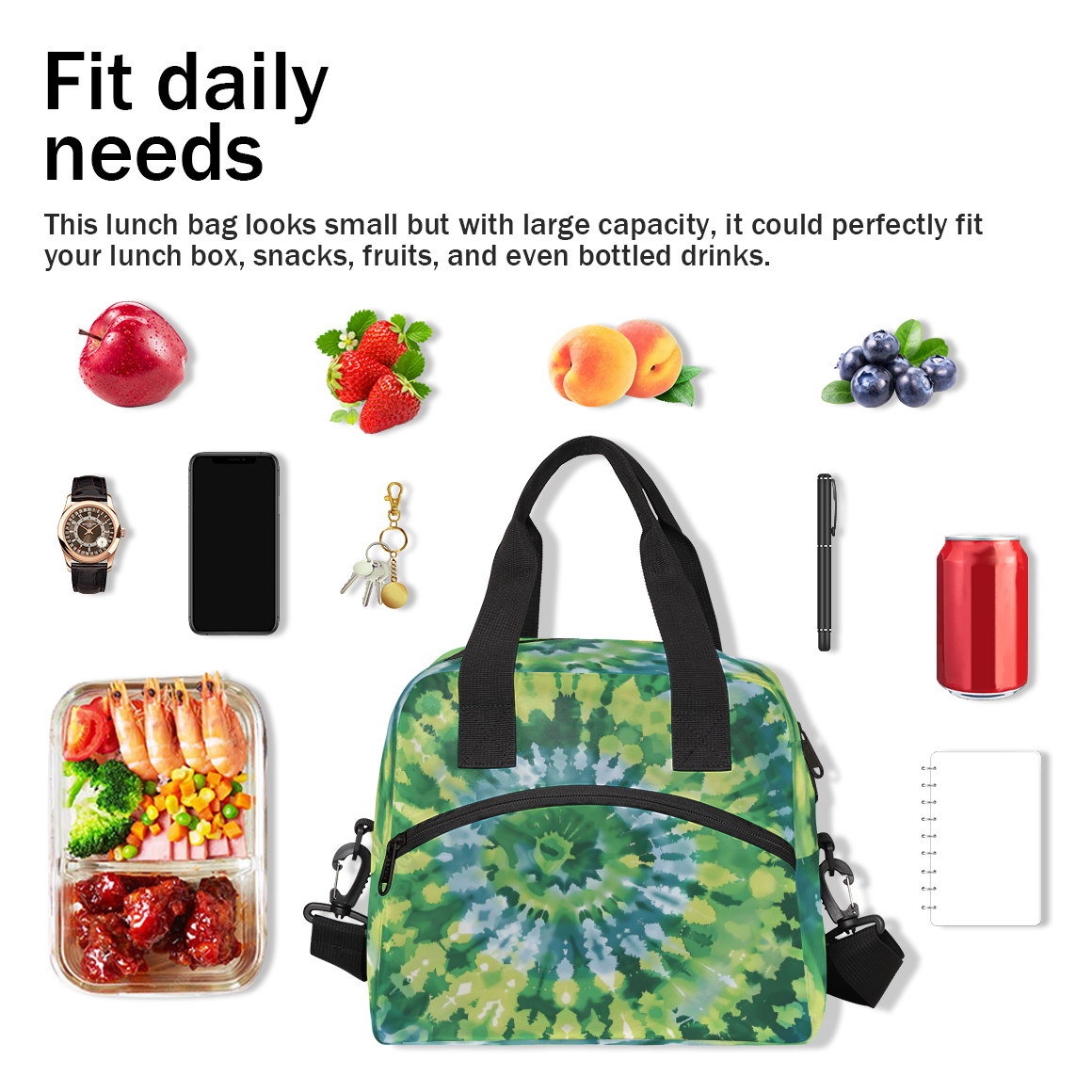 Herdesigns Tie Dye Green Insulated Lunch Bag for Women Men Adults Large Reusable Lunch Box Leakproof Portable Cooler Tote Bags with Adjustable Shoulder Strap