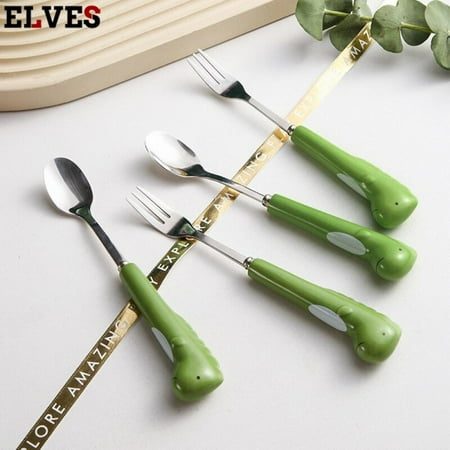 

Promotions! 2021 Newest 304 Stainless Steel Dinosaur Shape Ceramic Handle Household Dessert Coffee Spoon Fruit Fork Training Fork and Spoon