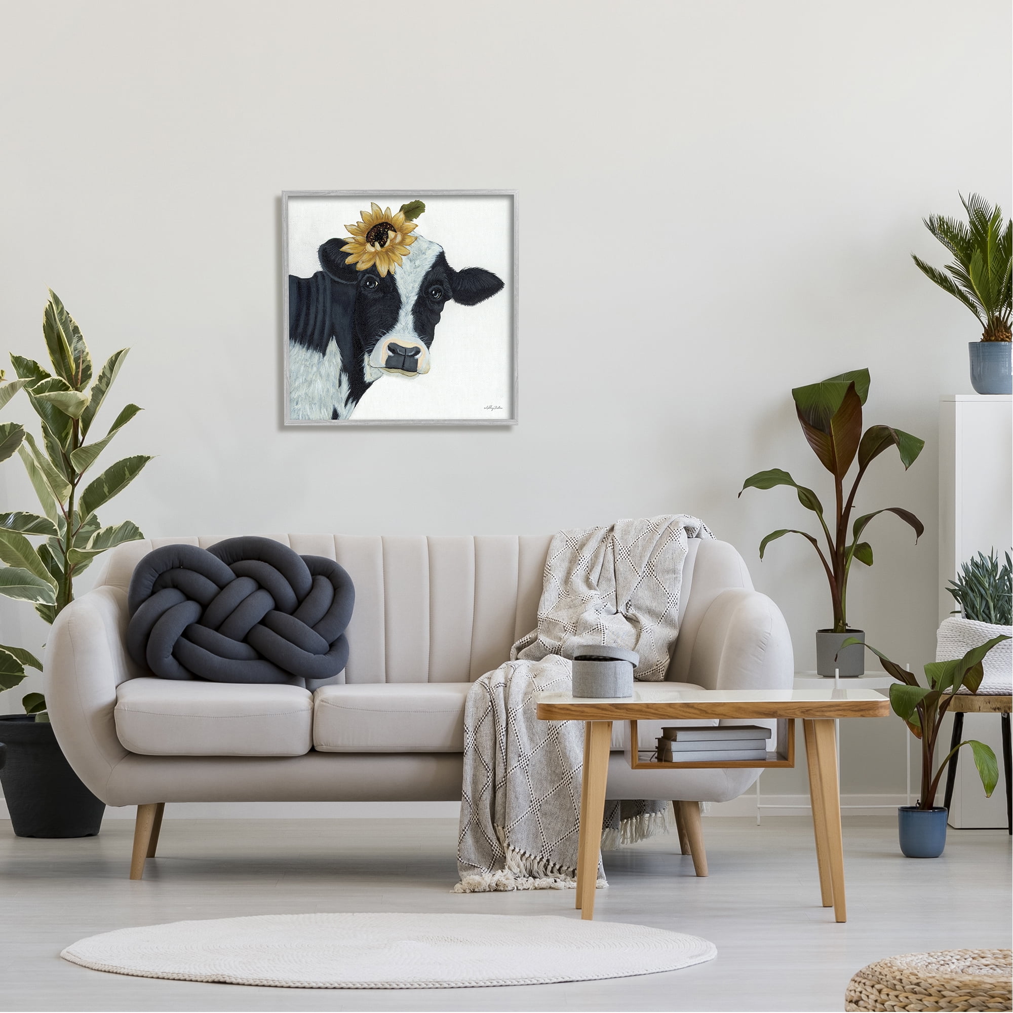 Stupell Cow Portrait Sunflower Blossom Farmhouse Animals & Insects Painting Gray Framed Art Print Wall Art