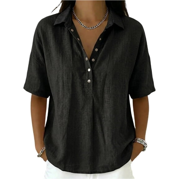 Women Loose Fit Polo Collar Short Sleeve Button Down Shirt Casual Relaxed Blouse Lightweight Summer Top for Daily Wear Black L