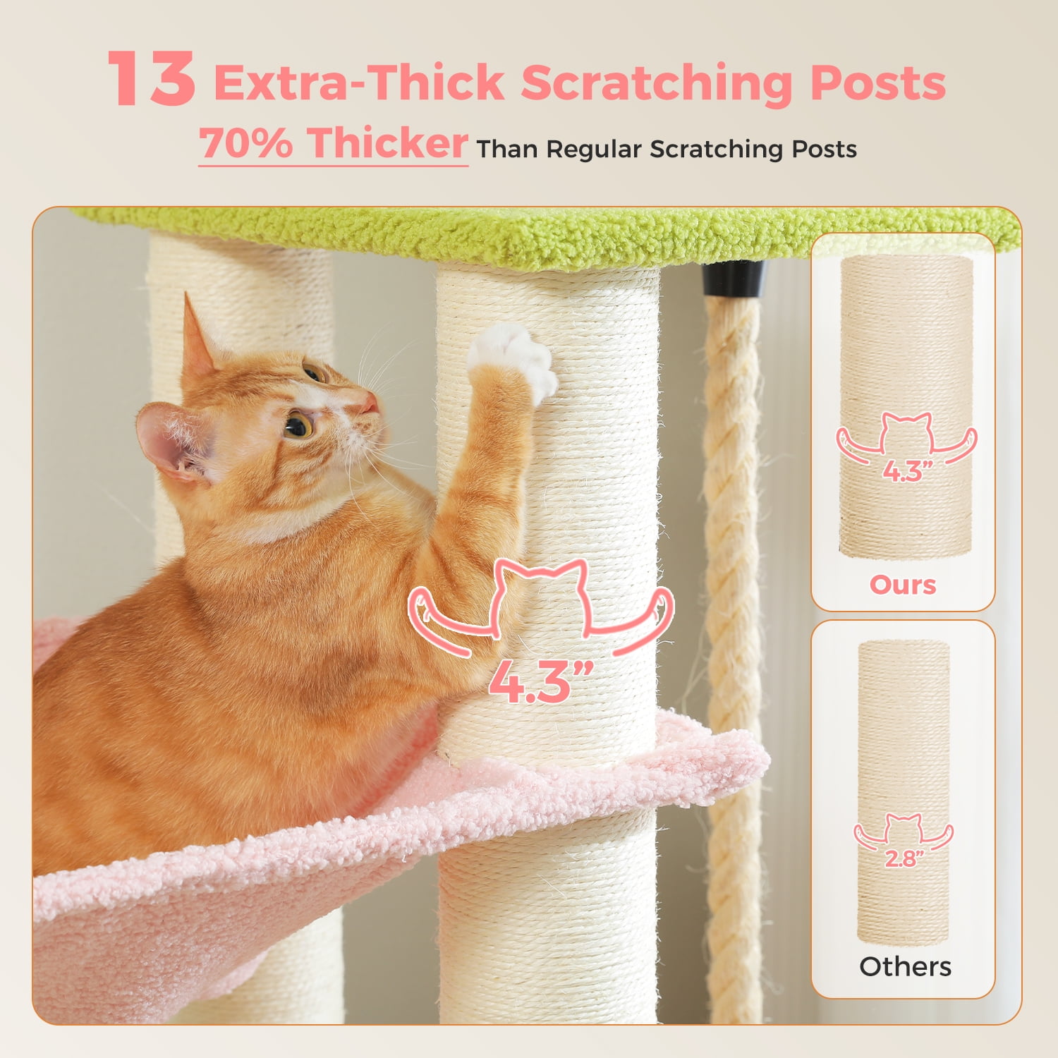 Pefilos 50" Heavy-Duty Cat Tree Tower with Extra-Thick Scratching Posts (φ4.3), Condo, 2-Layer Baseboard for Big Cats up to 16 lbs, Pink
