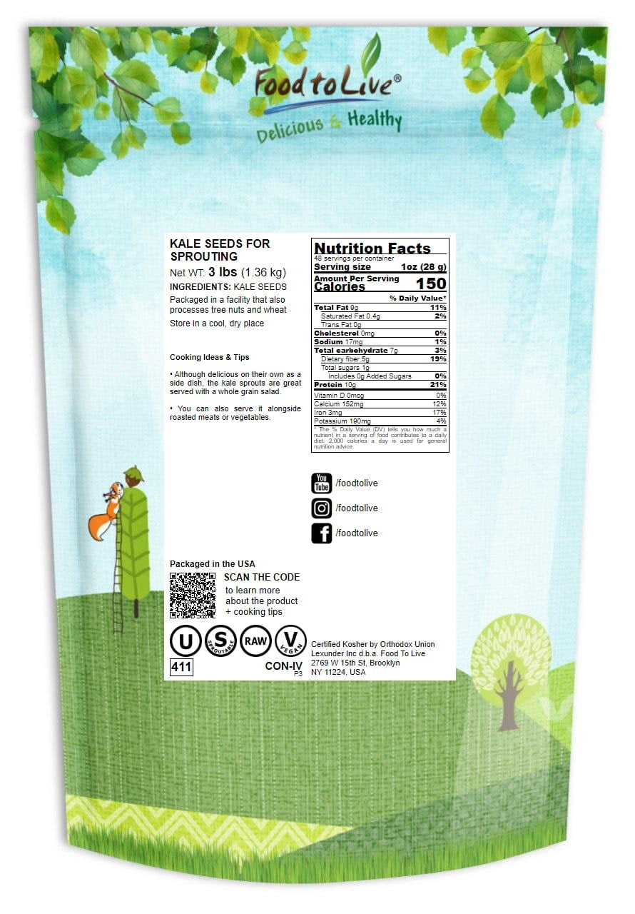 Kale Sprouting Seeds, 3 Pounds — Raw, Vegan, Kosher — by Food to Live