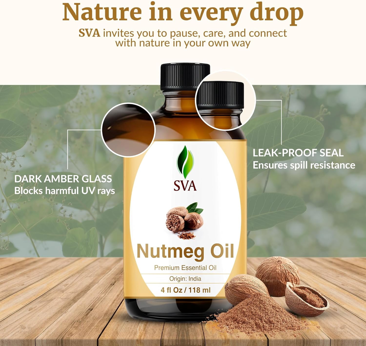 SVA Nutmeg Essential Oil – 4 Fl Oz – 100% Natural Nutmeg Oil - for Diffuser, Hair Care, Face, Skin Care, Aromatherapy, Scalp and Body Massage, Soap and Candle Making – with Dropper