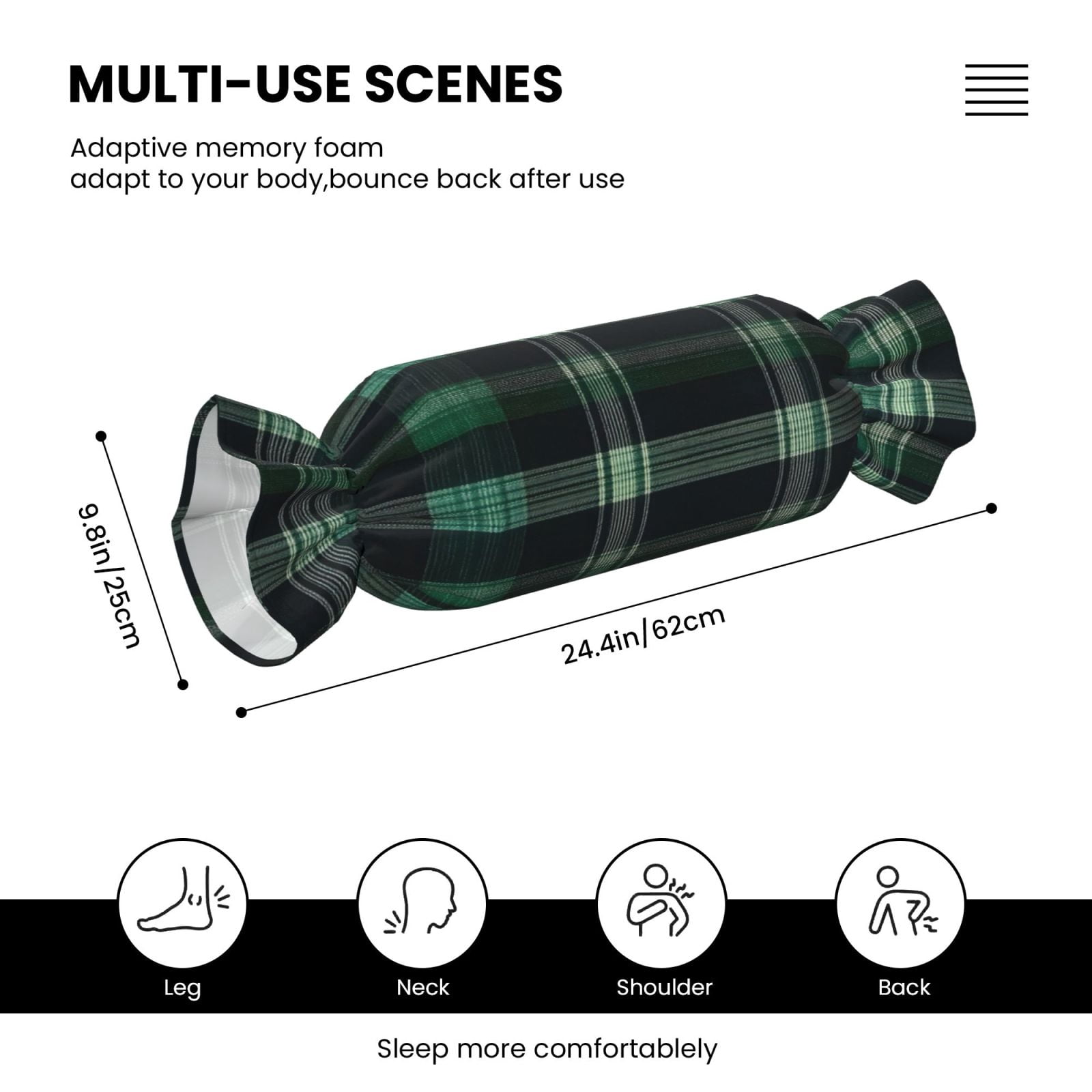 Candy Throw Pillow Travel Cervical Pillow Cylindrical Neck Body Cushion With Insert For Bed Couch Home Decor 9.8x24.4in Green Buffalo Plaid Check Tartan Scotland_1