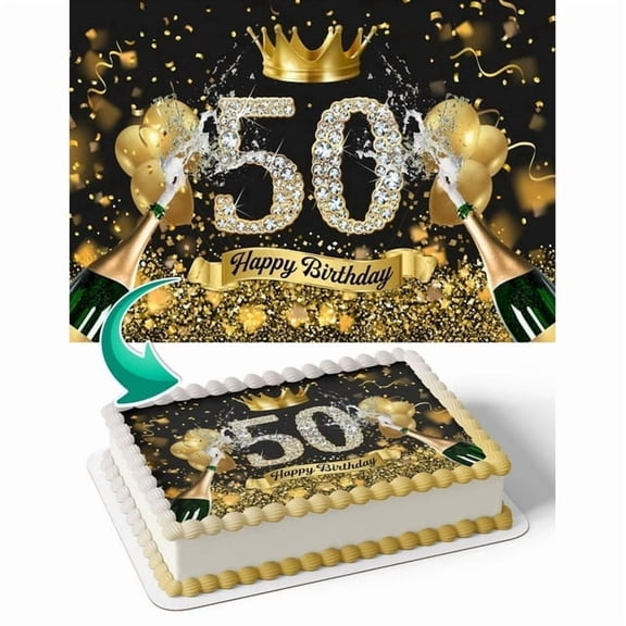 Black And Gold Balloons Crown Champagne Glitter 50th Happy Birthday Edible Image Cake Topper For Quarter Sheet Cake By TNCT