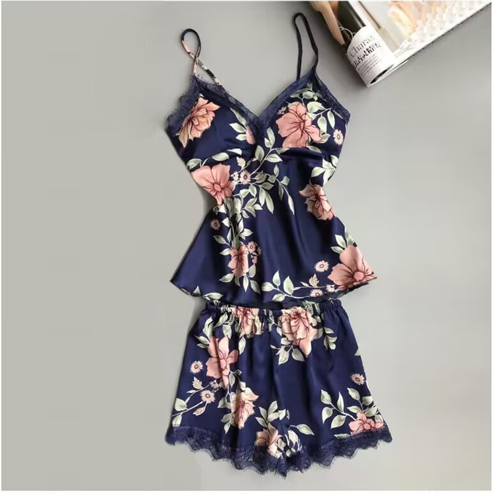 BONIXOOM Christmas Pajamas For Women Thanksgiving Pajamas Loungewear Belt Short Sleeve Sleepwear Sets Solid Blue L