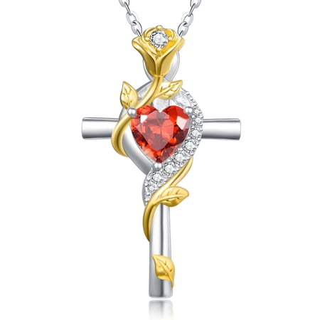 Women's Cross Necklace for Women Gold Plated Garnet January Birthstone Necklace Rose Cross Pendant Jewelry Catholic Christian Religious Valentines Day Birthday Gifts for Wife Her Mom Mother