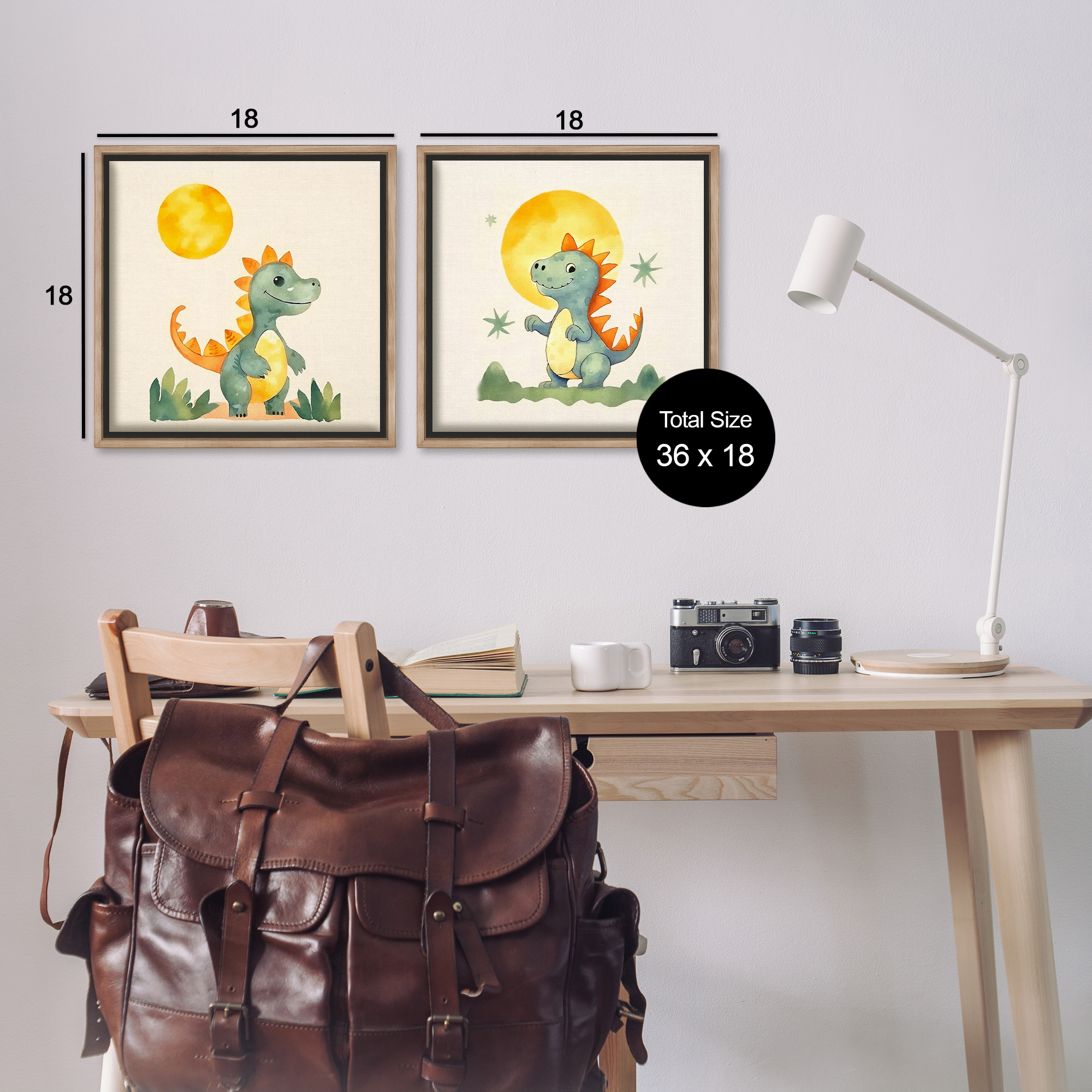 Stupell Industries Happy Dinos & Moon Animals Painting Brown Floater Framed Canvas Art Print Wall Art, 18 x 18, Set of 2
