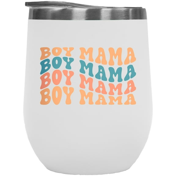 Boy Mama, Name for a Mom of One or More Boys, Groovy Retro Wavy Text Merch Gift, White 12oz Wine Tumbler