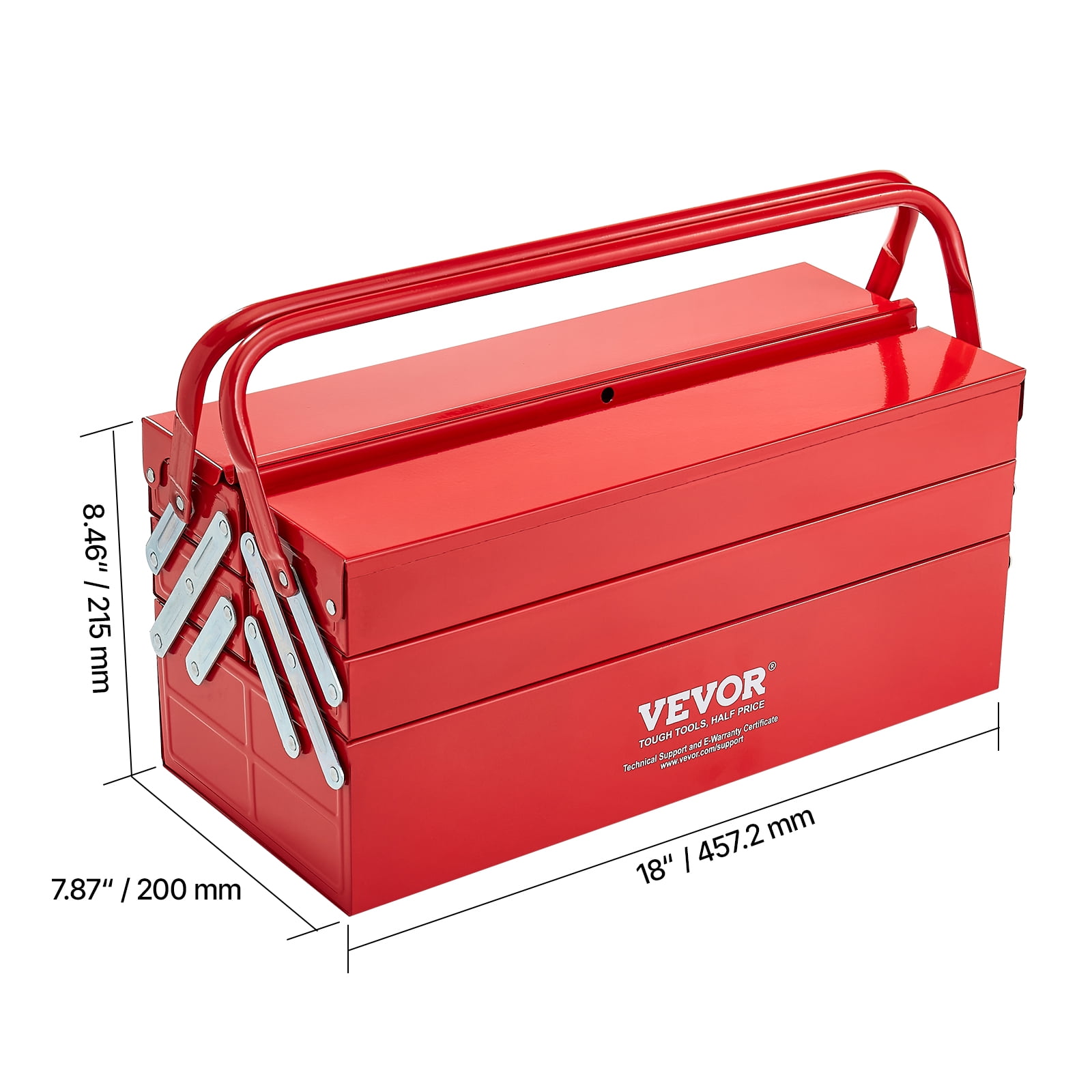 VEVOR Metal Tool Box, 18-inch, 3-Tier 5-Tray Portable Folding Tool Chest Organizer with Handle & Lock Hole, Powder Coated Steel, Cantilever Toolbox for Household Factory Warehouse Repair Shop, Red