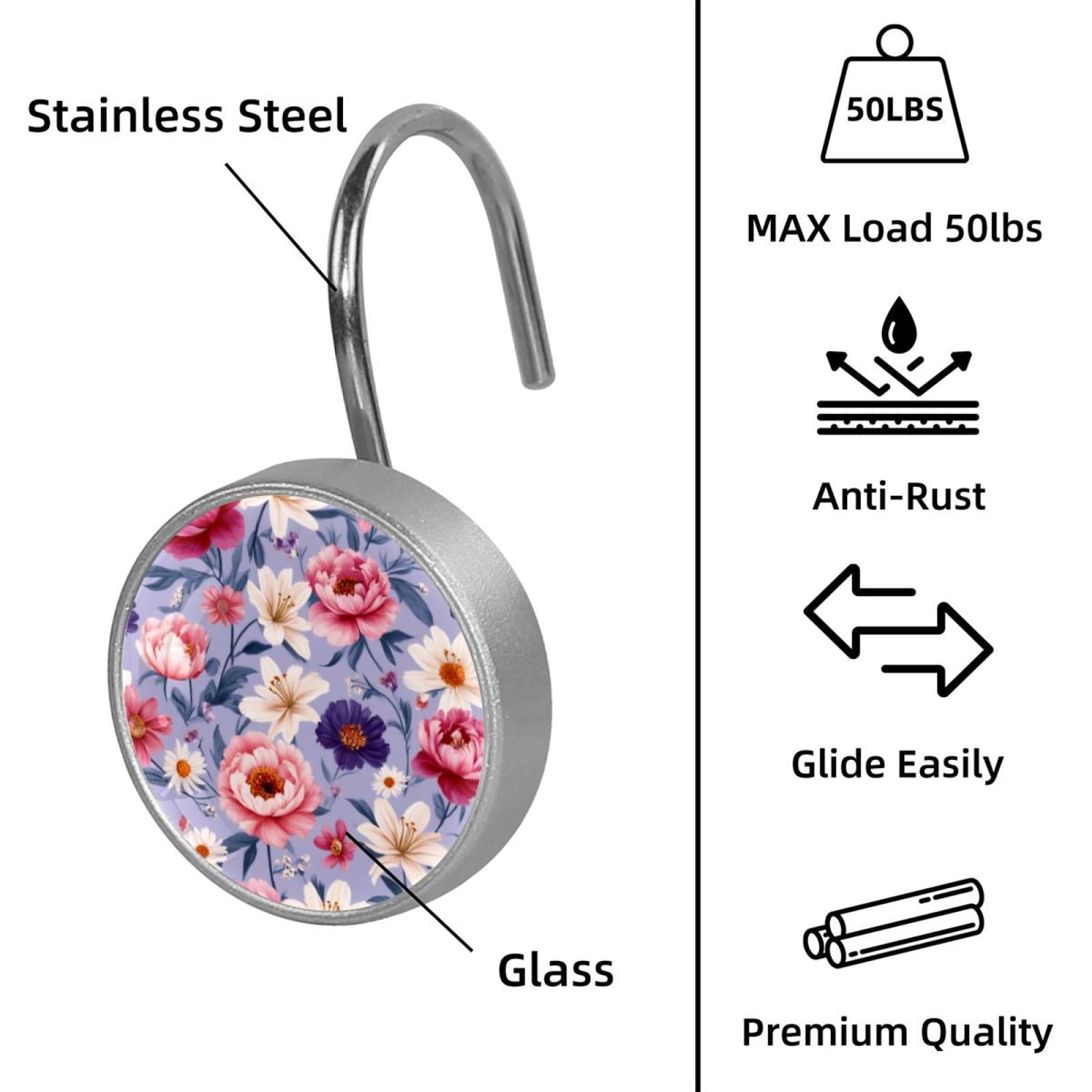 12pcs Decorative Shower Curtain Hooks, Rust Resistant Shower Rings for Bathroom Living Room,Rustproof Stainless Steel Rings for Shower Curtain and Liner Rods,Bohemia Style Flowers Purple