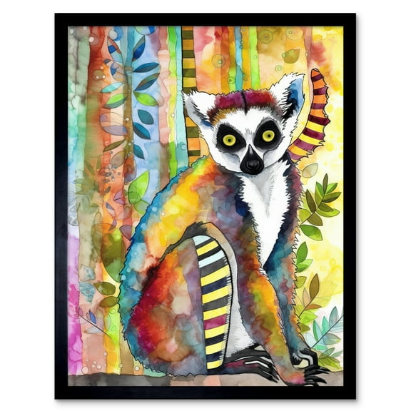 Lemur Vibrant Portrait Folk Art Watercolour Painting Art Print Framed Poster Wall Decor 12x16 inch