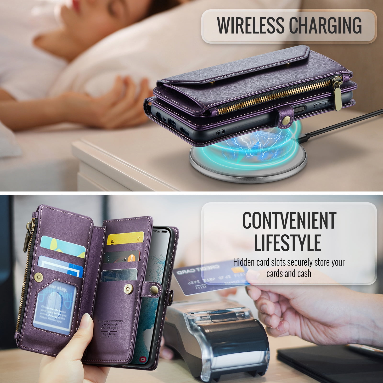Asuwish Compatible with Samsung Galaxy S22 5G Zipper Wallet Phone Case Tempered Glass Screen Protector Crossbody Lanyard Strap Flip Card Holder Slot Cell Cover for S 22 22S 4G G5 6.1 Women Purple