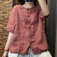 thumbnail image 2 of MIXUE Womens Summer Tops Linen Solid Color Round Neck Short Sleeve Vintage Loose Fit Cardigan Tee Shirts Activewear,Red,L, 2 of 3