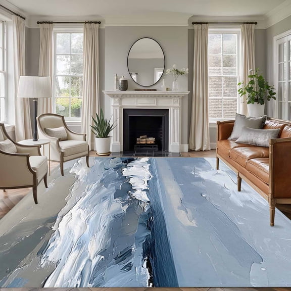 8'x10' Area Rugs, Blue Coastal Beach Indoor Outdoor Area Rug for Living Room Bedroom, Modern Oil Painting Art Washable Bathroom Rugs Kitchen Floor Carpet Mats Home Decor Aesthetic