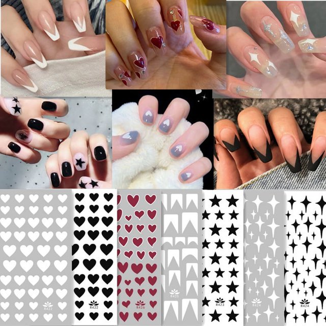 Pegatinas para uñas en forma de V, pegatinas con purpurina plateada, línea francesa, pegatinas para uñas, tiras oblicuas blancas brillantes, pegatinas 3D, geometría creativa, estrellas, puntas de man